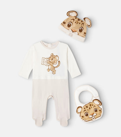 Baby set of printed cotton romper, bib and cap