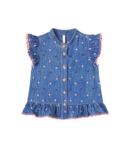 Embroidered polka-dot ruffled denim top