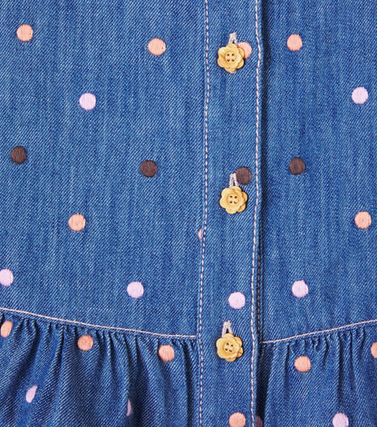 Embroidered polka-dot ruffled denim top