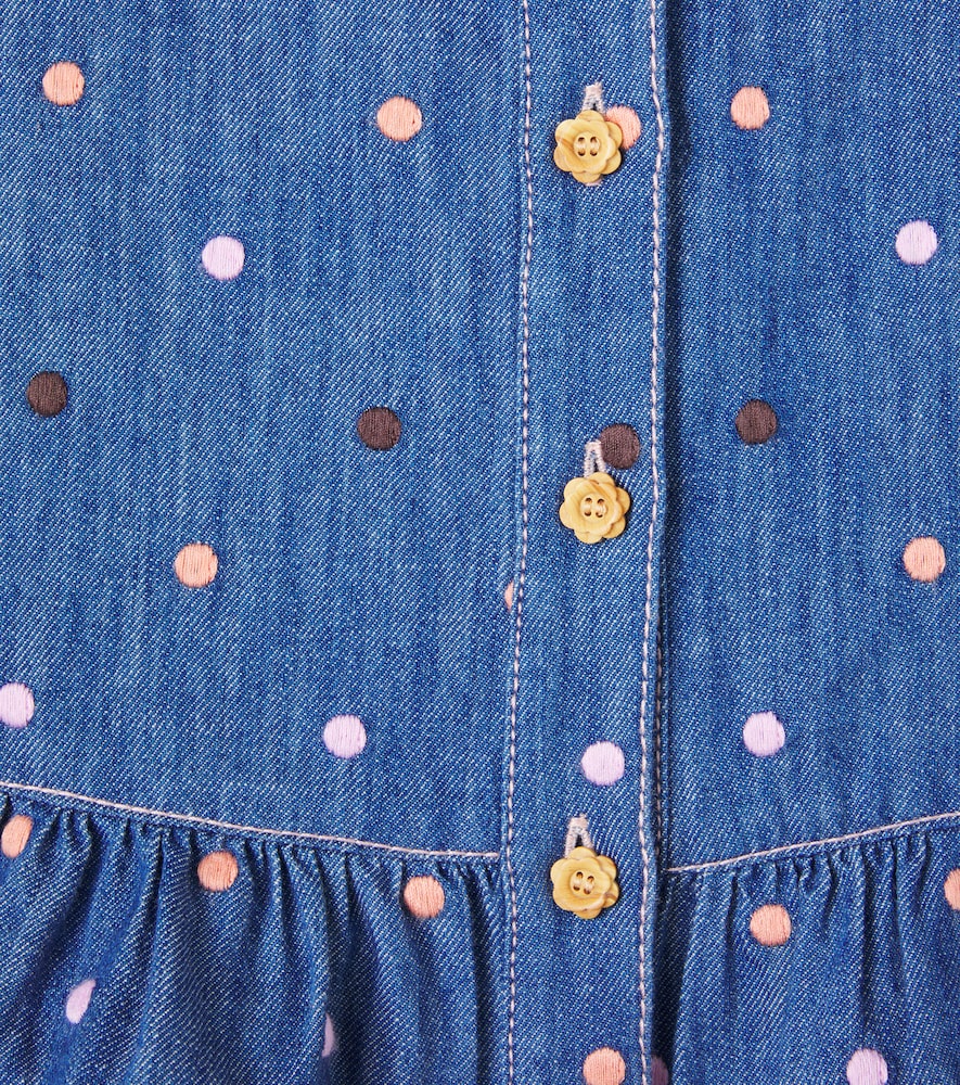Embroidered polka-dot ruffled denim top