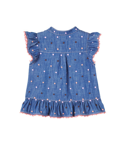 Embroidered polka-dot ruffled denim top