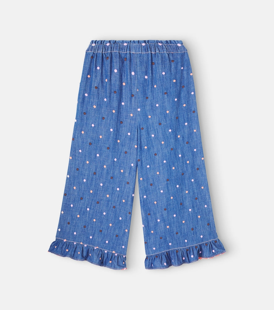 Embroidered polka-dot denim pants