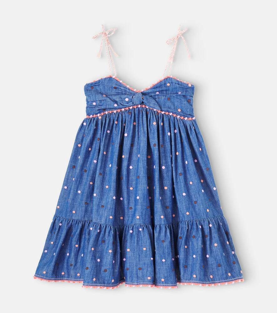 Embroidered polka-dot denim dress
