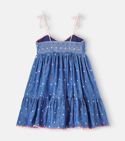 Embroidered polka-dot denim dress