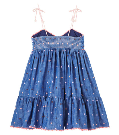 Embroidered polka-dot denim dress