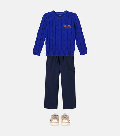 Cable-knit embroidered cotton sweater
