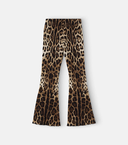Leopard-print ribbed-knit cotton flared pants