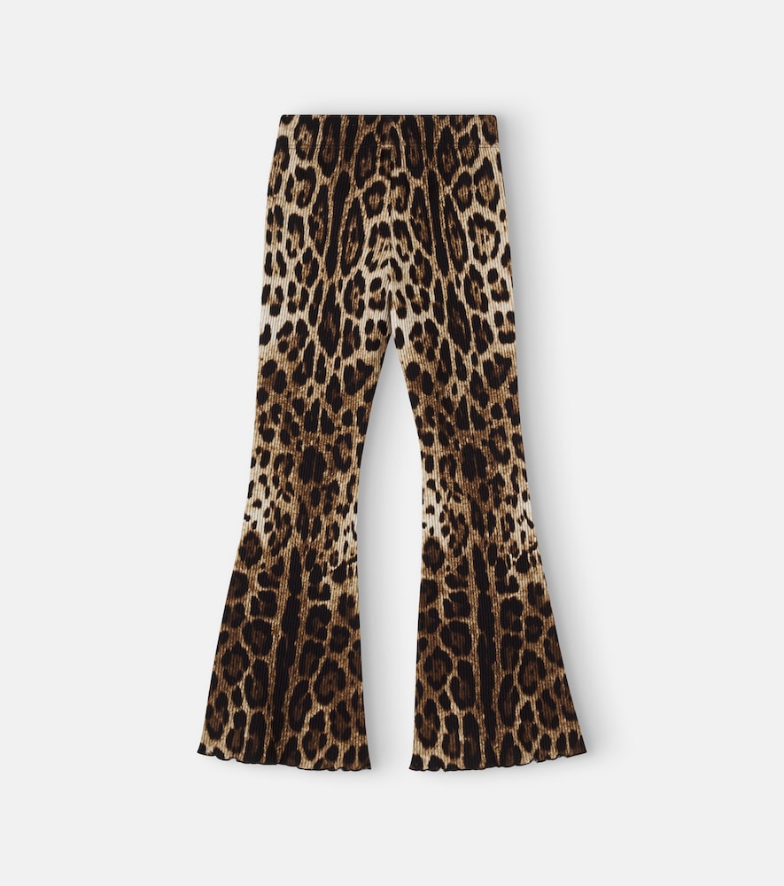 Leopard-print ribbed-knit cotton flared pants