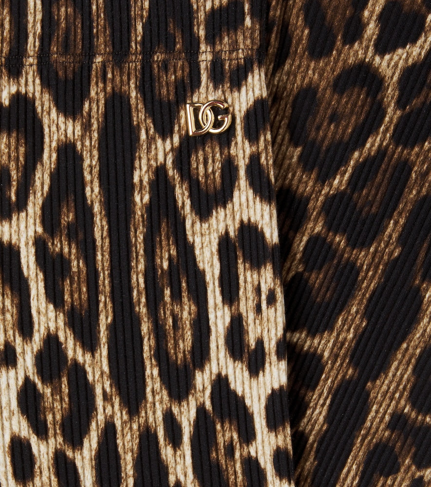 Leopard-print ribbed-knit cotton flared pants