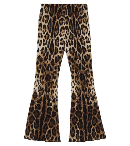 Leopard-print ribbed-knit cotton flared pants