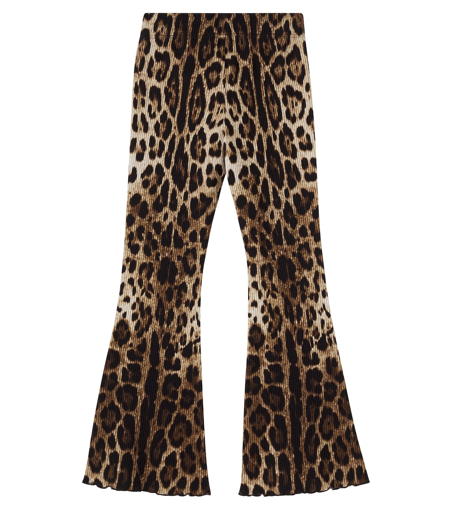 Leopard-print ribbed-knit cotton flared pants