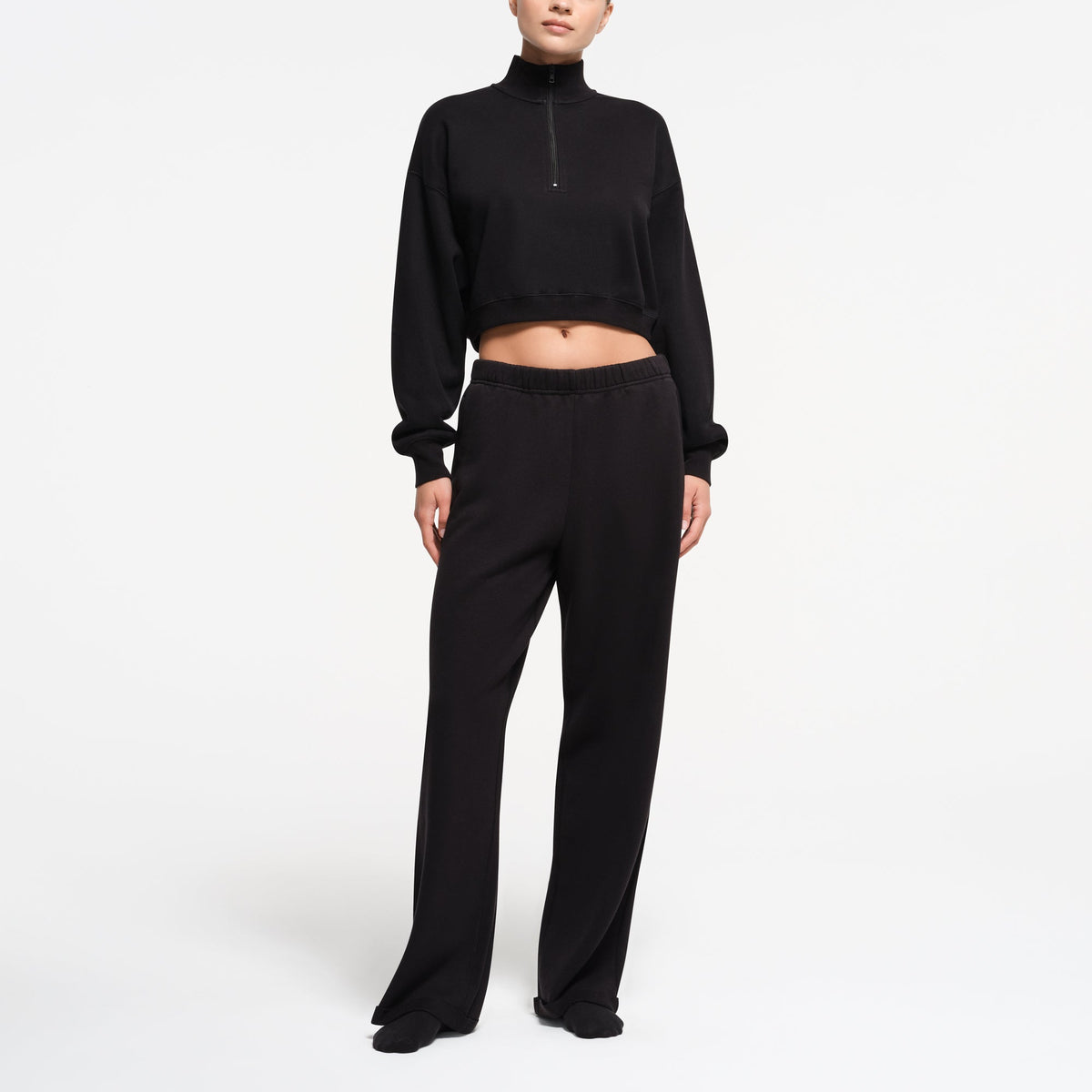 COTTON FLEECE CROPPED HALF ZIP PULLOVER | ONYX