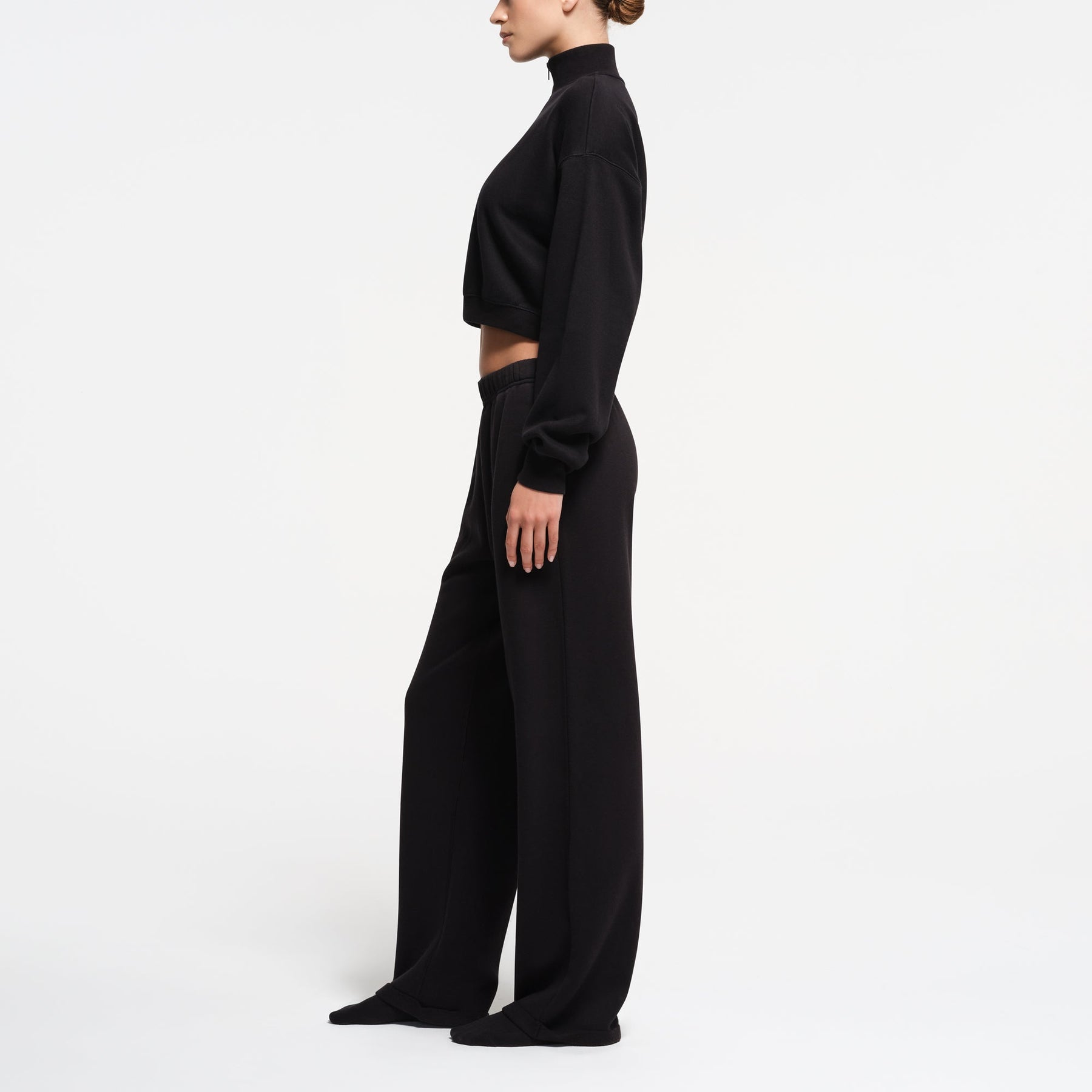 COTTON FLEECE CROPPED HALF ZIP PULLOVER | ONYX