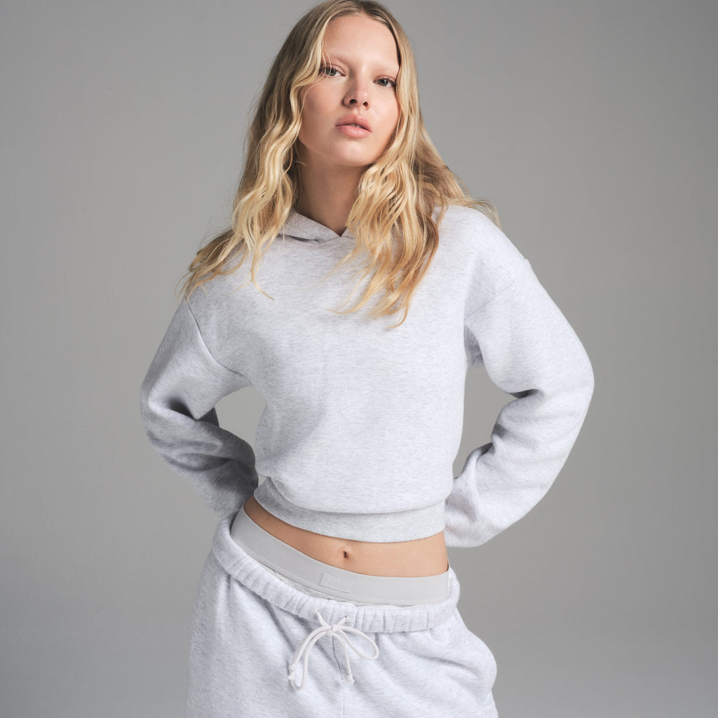 COTTON FLEECE SHRUNKEN HOODIE | LIGHT HEATHER GREY