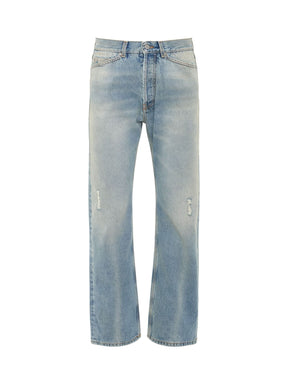 Monogram Embroidered Loose 5 Pockets Denim Jeans in Light Blue