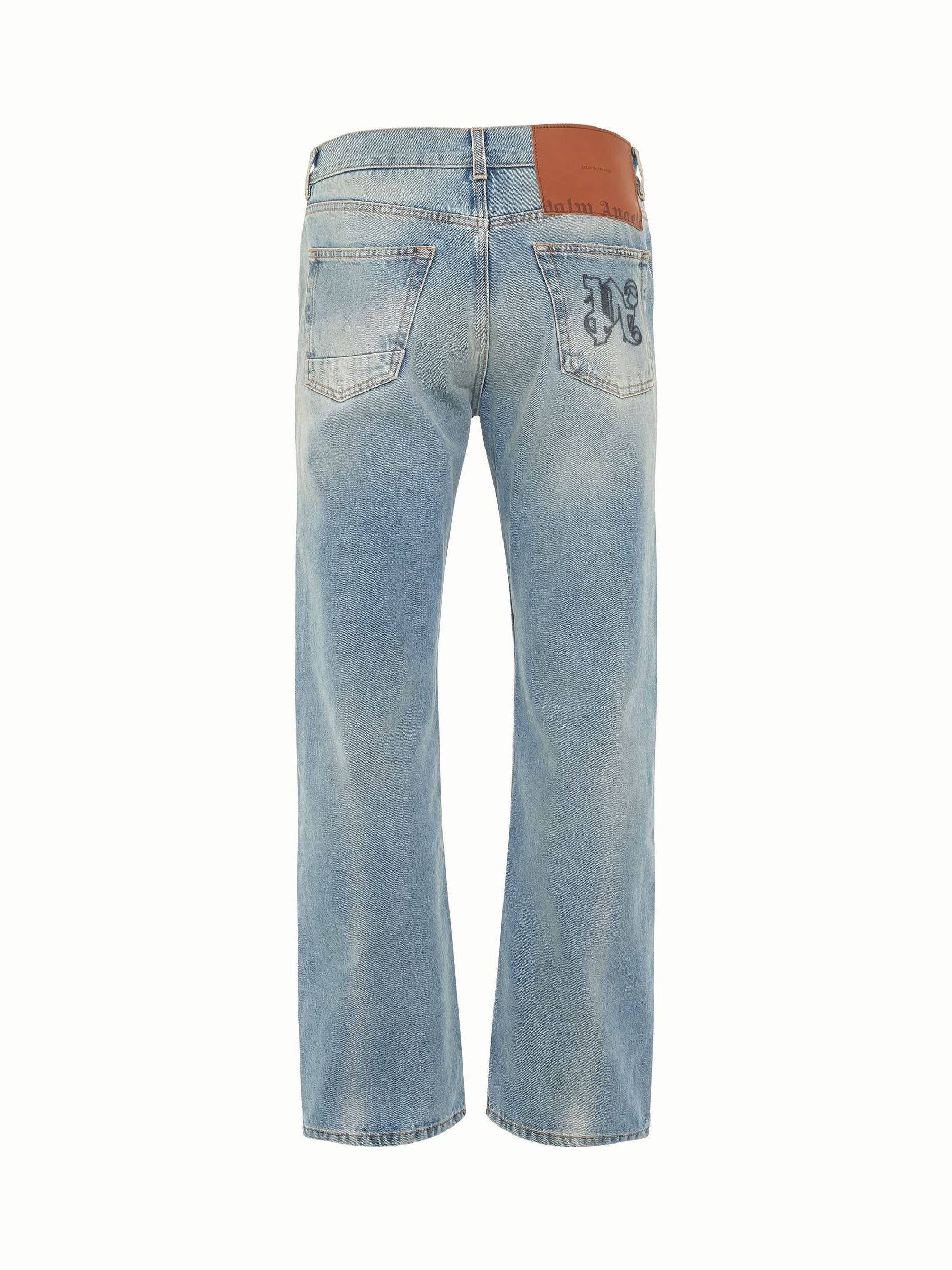 Monogram Embroidered Loose 5 Pockets Denim Jeans in Light Blue
