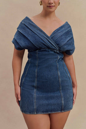 Pascale Off Shoulder Denim Mini Dress - Washed Dark Blue