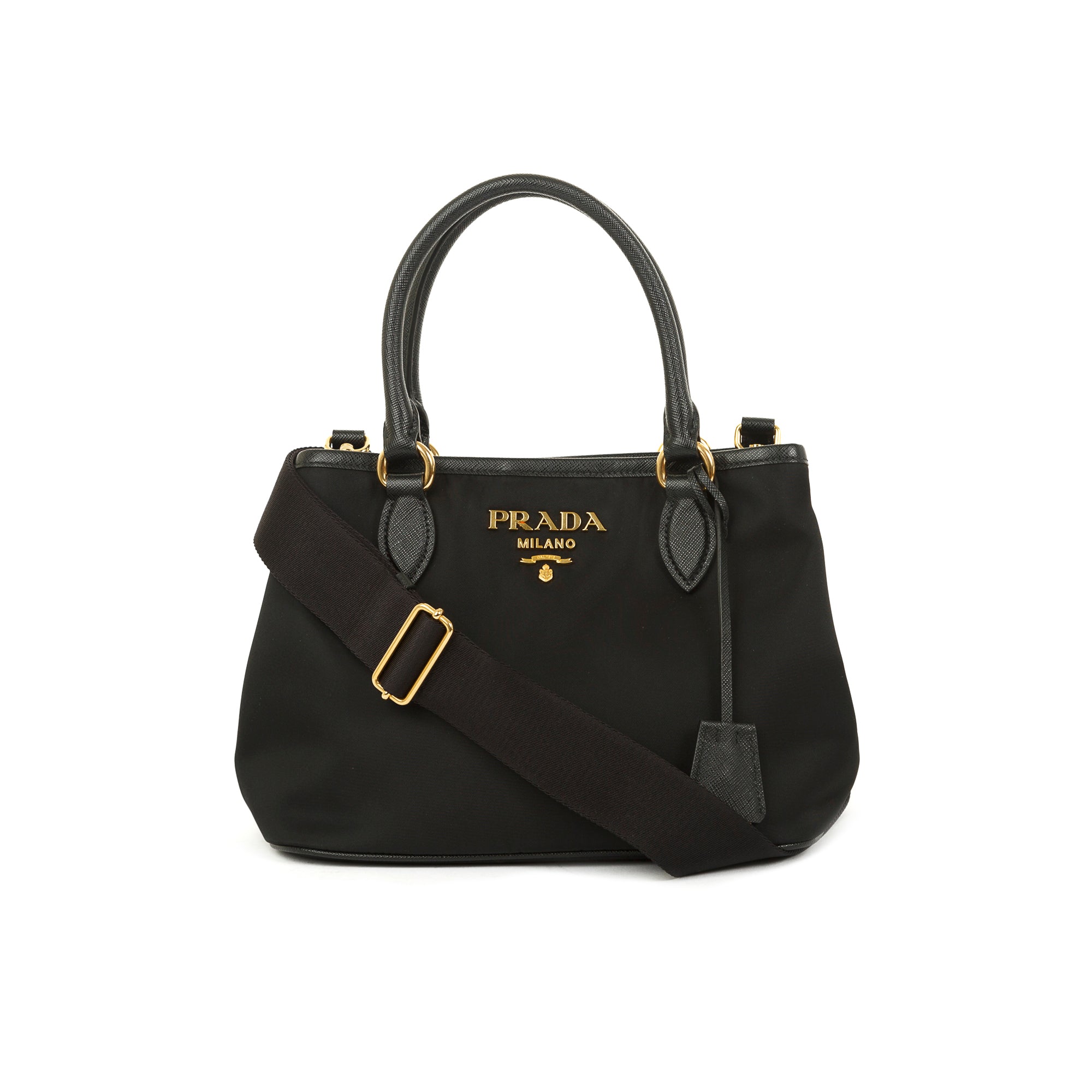 Saffiano Leather-Trimmed Tessuto Nylon Satchel w/ Strap & Authenticity Card