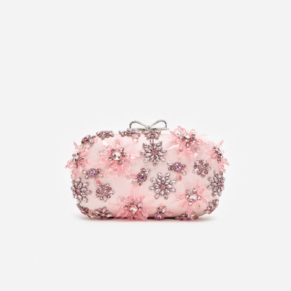 Pink Satin Floral Crystal Clutch