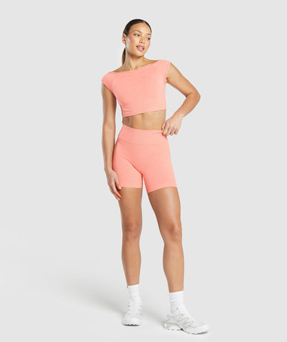 Gymshark Luxe Seamless Boat Neck Crop Top - Bros Muted Coral Marl