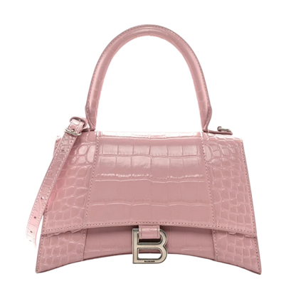Shiny Calfskin Crocodile Embossed Small Hourglass Top Handle Bag Powder Pink