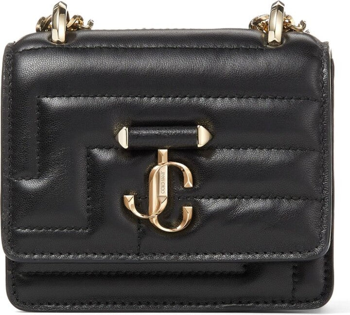 Jimmy Choo Avenue Quad quilted leather mini bag in black with polished JC logo plaque, elegant design and luxurious craftsmanship.