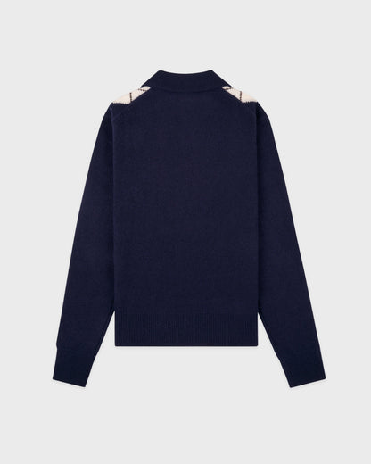 Serif Logo Argyle Cashmere Polo - Navy/Forest/Ecru