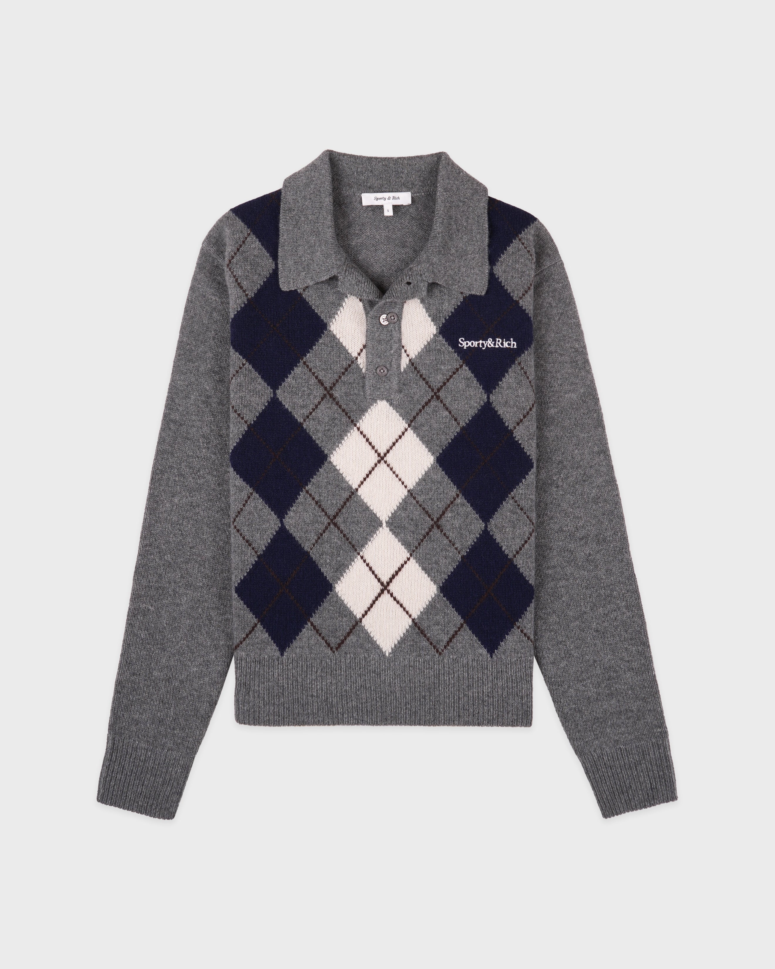 Serif Logo Argyle Cashmere Polo - Gray/Navy/Ecru