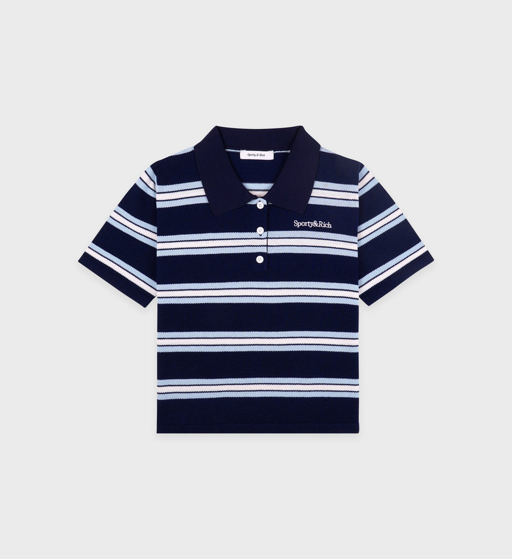 Serif Logo Silk Pique Cropped Polo - Navy/White/Flax Blue