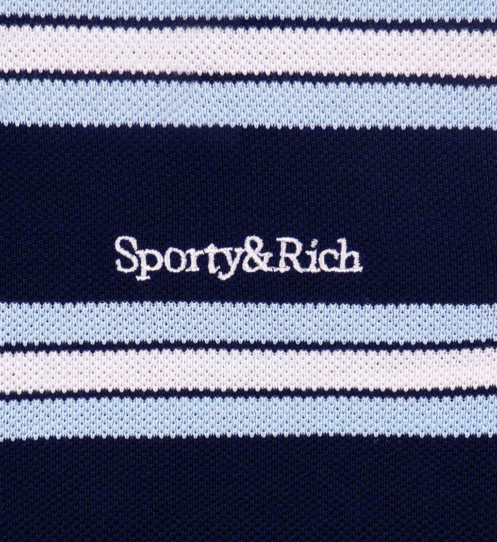 Serif Logo Silk Pique Cropped Polo - Navy/White/Flax Blue