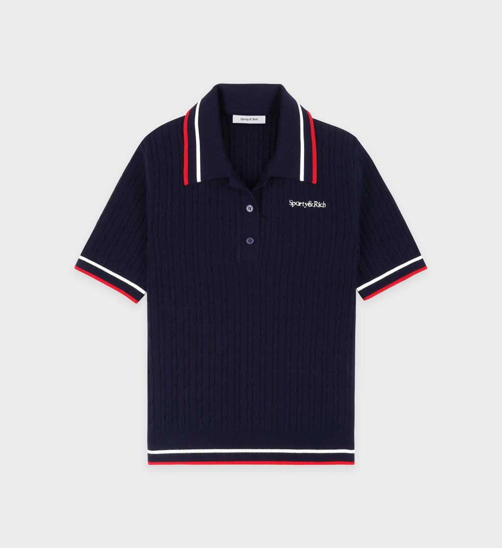 Serif Logo Mini Cable Polo - Navy/White/Ruby
