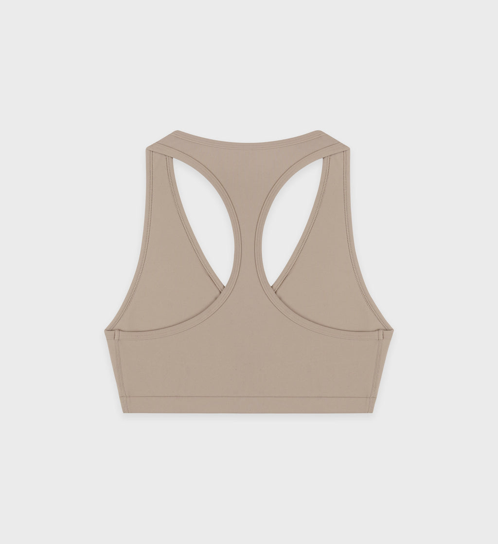 Serif Logo V Neck Sports Bra - Elephant/White