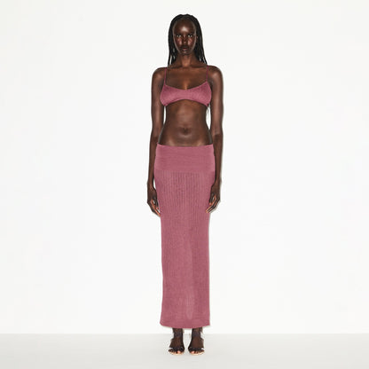 SHEER KNIT FOLDOVER LONG SKIRT | BEET