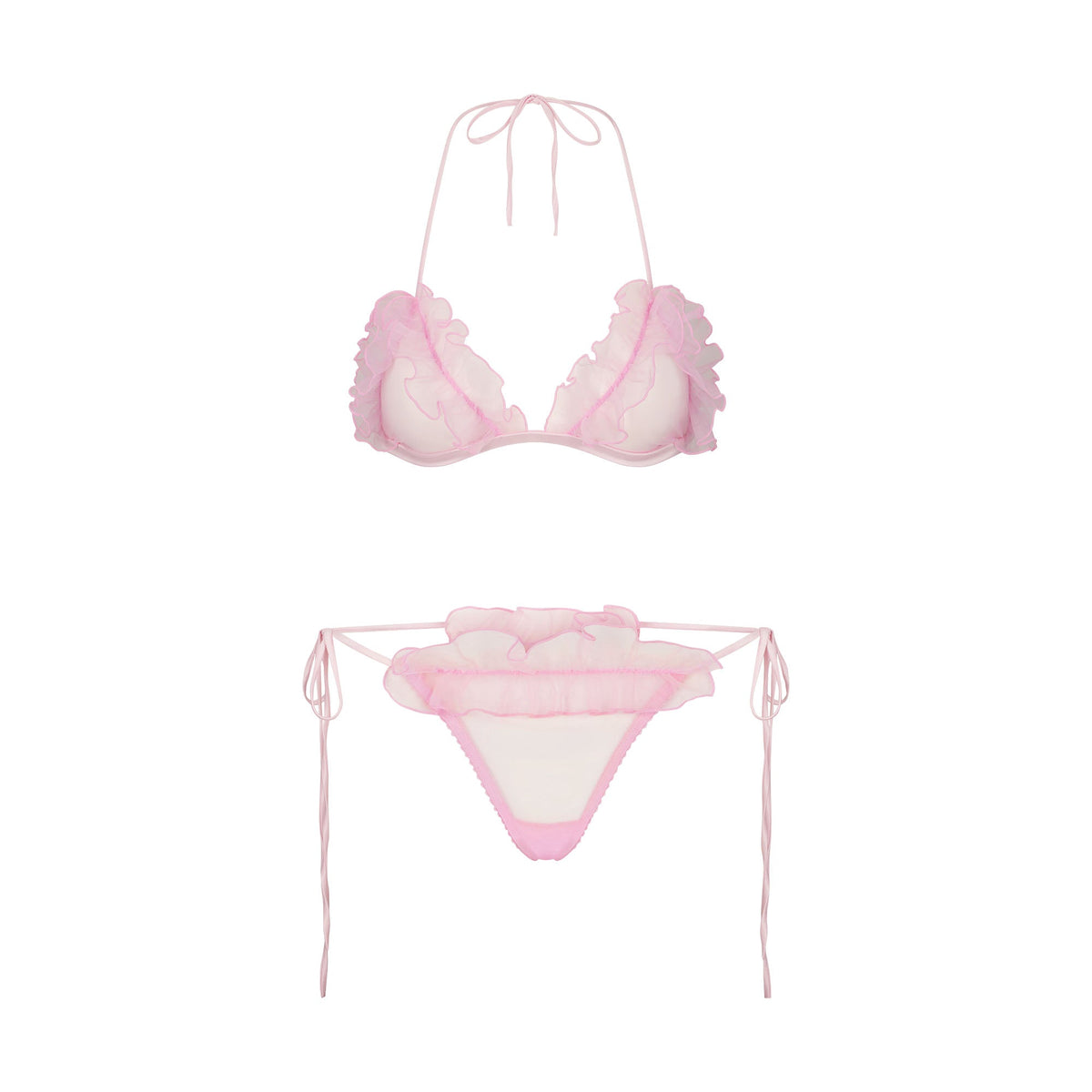 EMBROIDERED TULLE TIE BRALETTE AND THONG SET | BUBBLE GUM