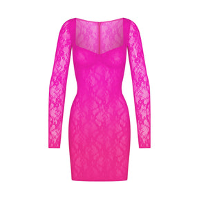 STRETCH LACE LINED LONG SLEEVE UNDERWIRE DRESS | NEON PINK