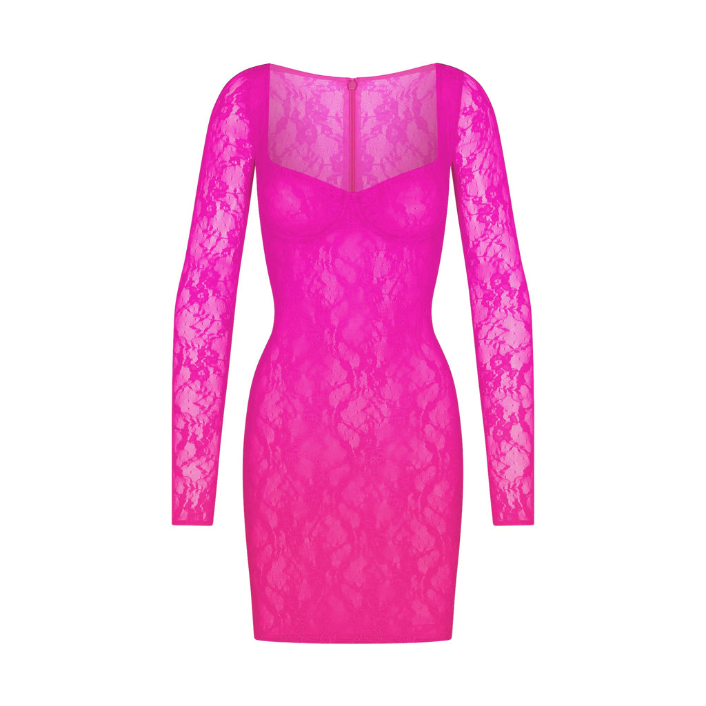 STRETCH LACE LINED LONG SLEEVE UNDERWIRE DRESS | NEON PINK