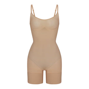 SHEER SEAMLESS MID THIGH BODYSUIT | CLAY