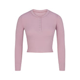 COTTON RIB LONG SLEEVE CROP HENLEY | DUSK