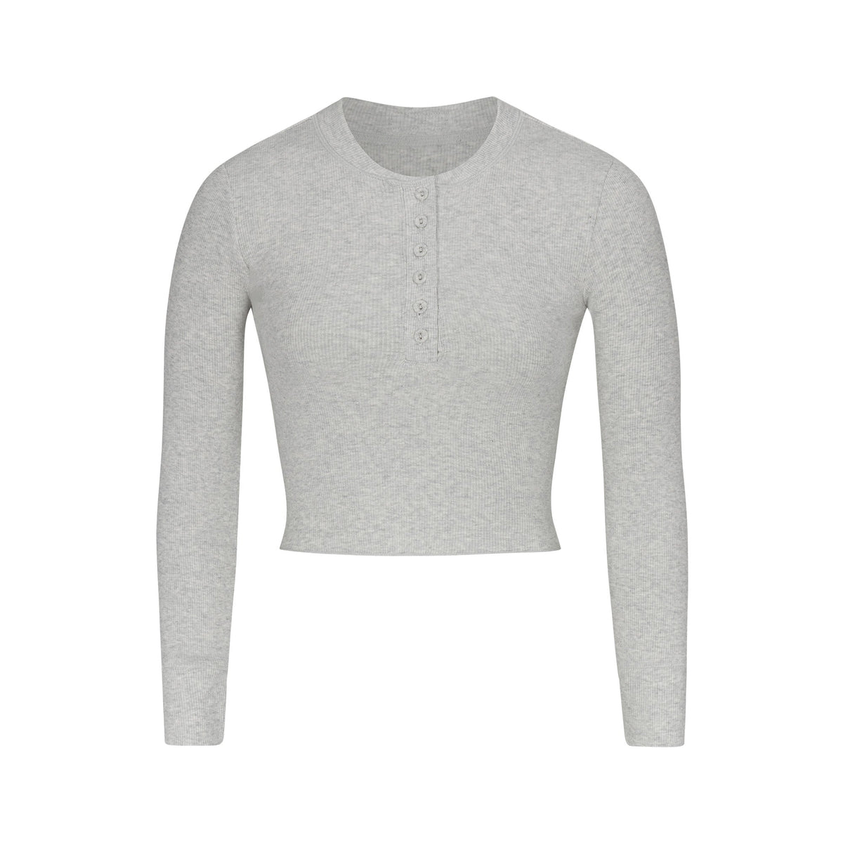 COTTON RIB LONG SLEEVE CROP HENLEY | LIGHT HEATHER GREY