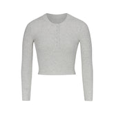 COTTON RIB LONG SLEEVE CROP HENLEY | LIGHT HEATHER GREY