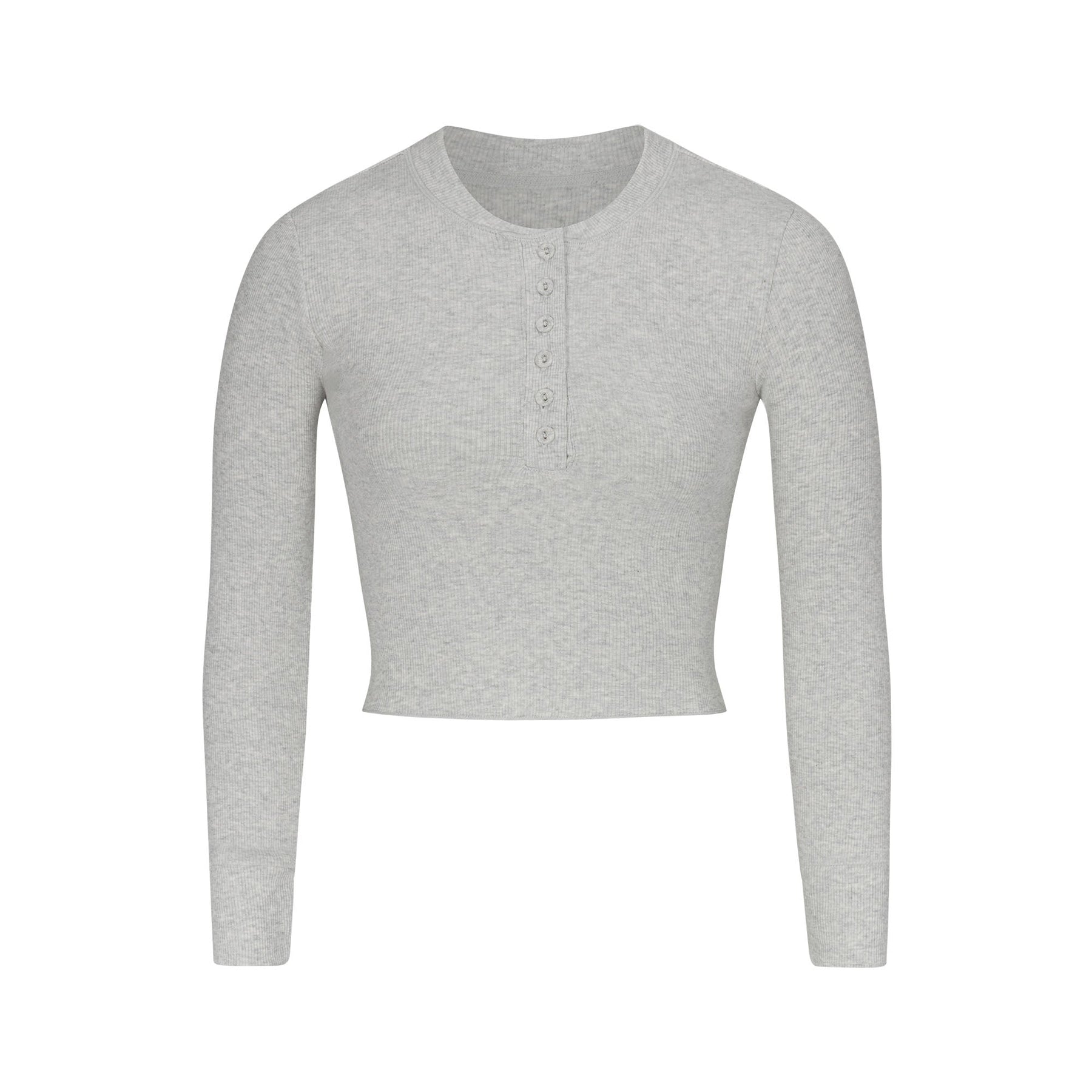 COTTON RIB LONG SLEEVE CROP HENLEY | LIGHT HEATHER GREY