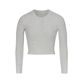 COTTON RIB LONG SLEEVE CROP HENLEY | LIGHT HEATHER GREY