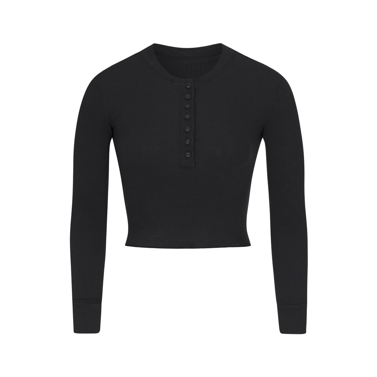 COTTON RIB LONG SLEEVE CROP HENLEY | SOOT