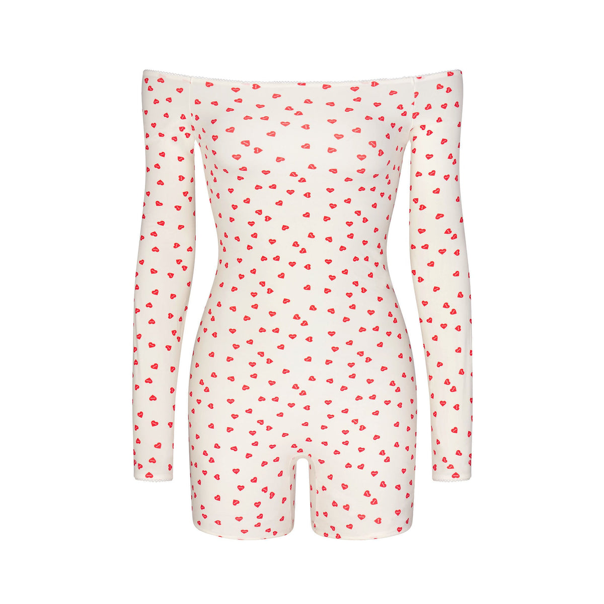 FITS EVERYBODY PICOT OFF THE SHOULDER ONESIE | RUBY HEART PRINT