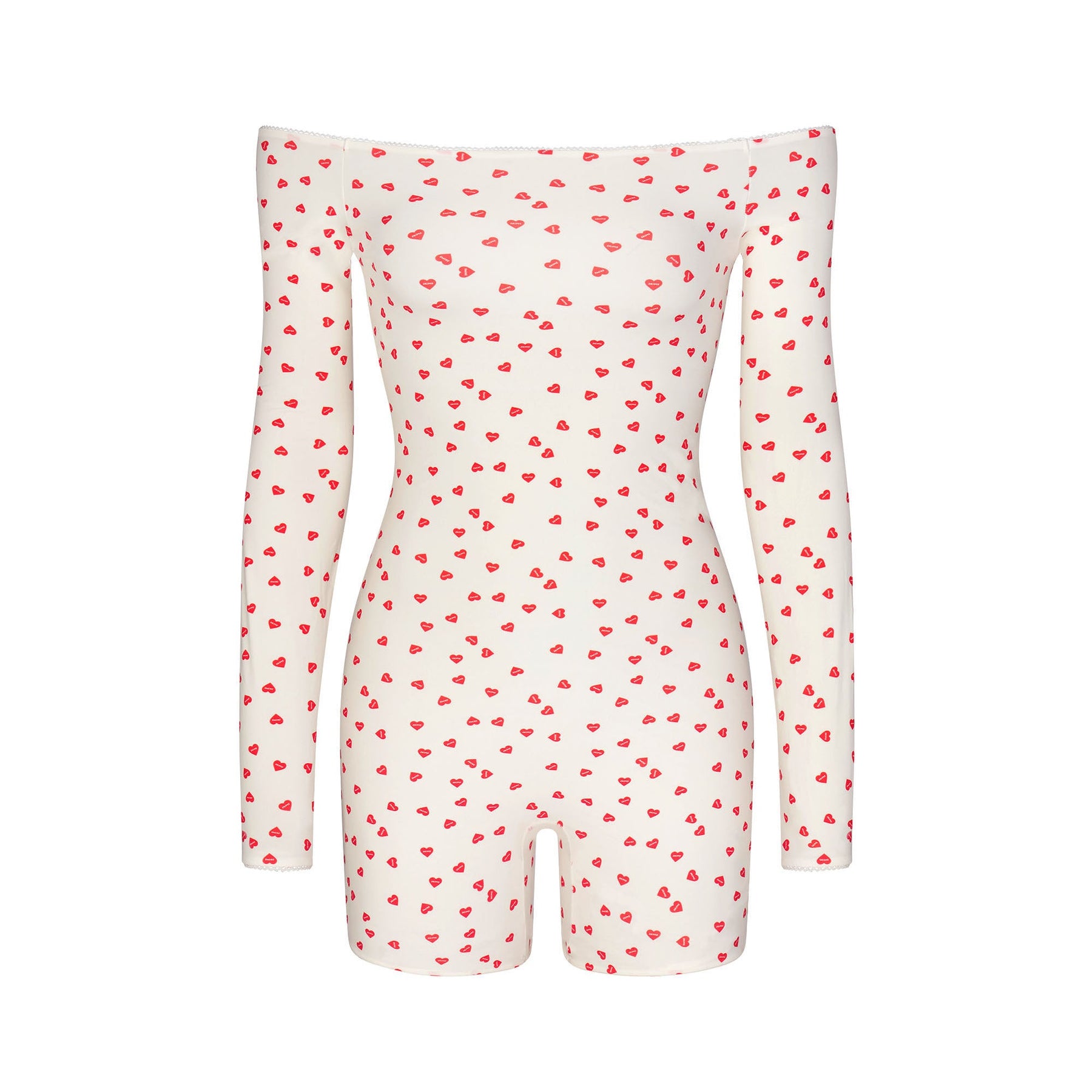 FITS EVERYBODY PICOT OFF THE SHOULDER ONESIE | RUBY HEART PRINT