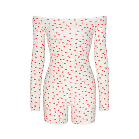 FITS EVERYBODY PICOT OFF THE SHOULDER ONESIE | RUBY HEART PRINT