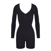 SEAMLESS SCULPT LONG SLEEVE LOW BACK MID THIGH BODYSUIT | ONYX