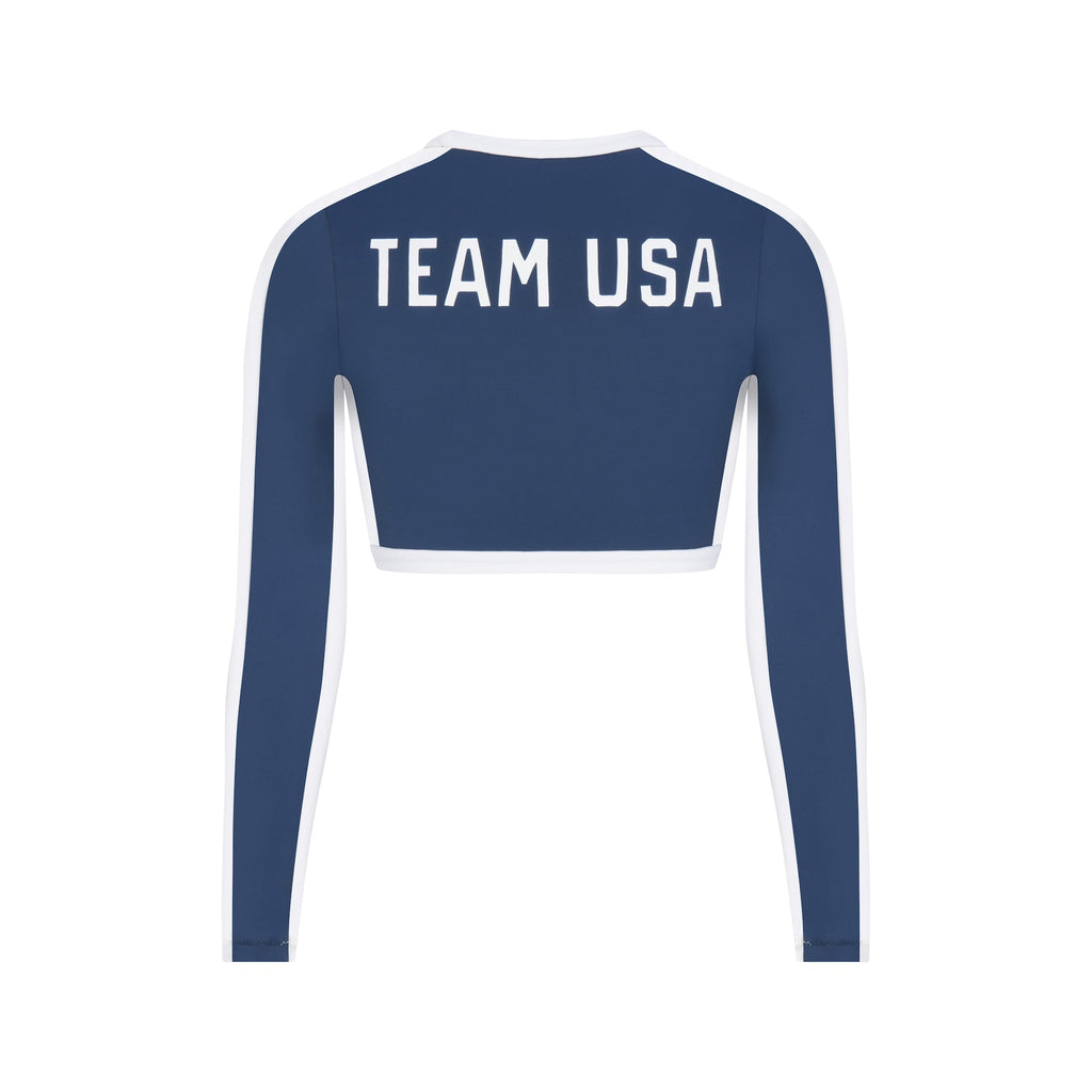 SKIMS FOR TEAM USA SIGNATURE SWIM OLYMPIC LONG SLEEVE CROPPED T-SHIRT | NAVY