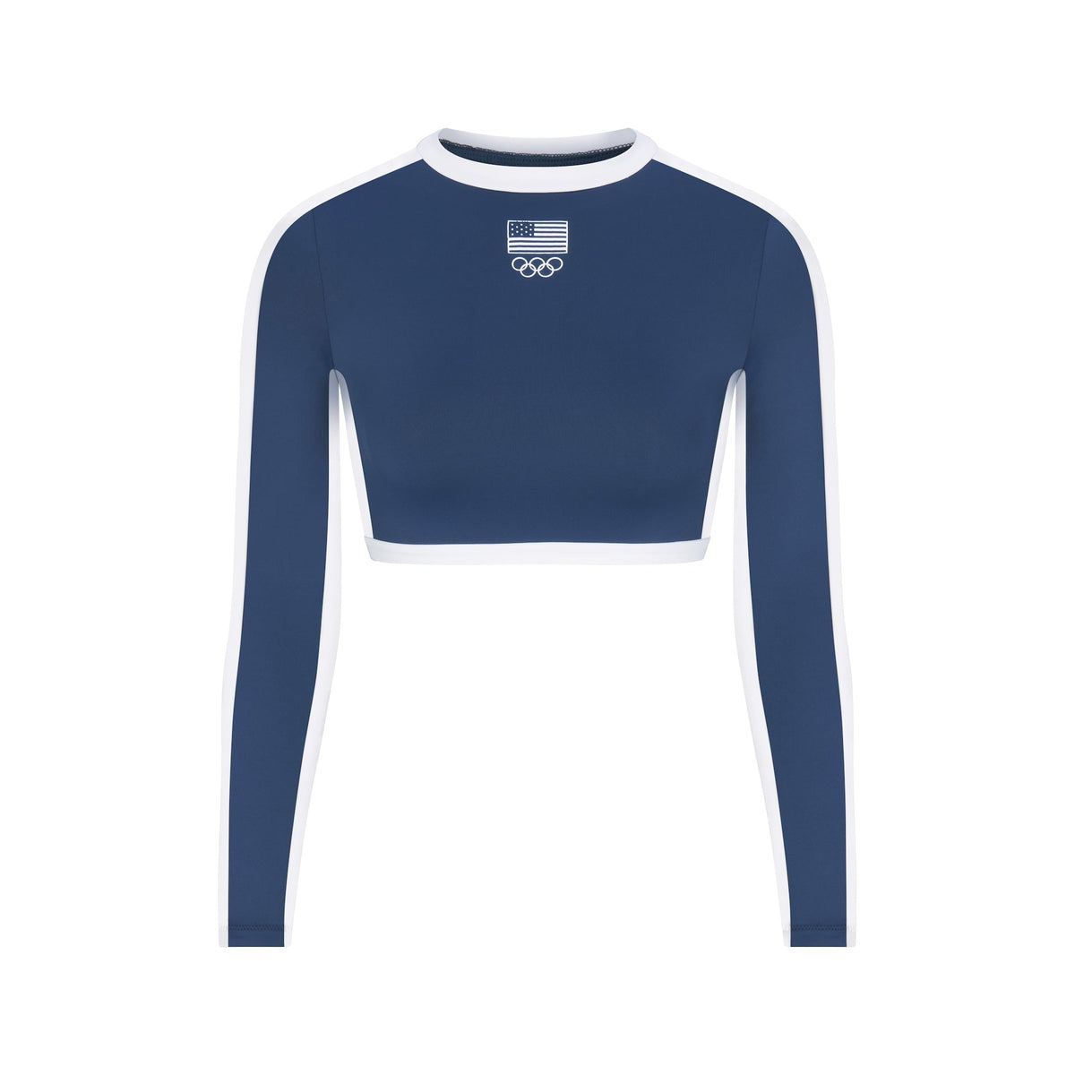 SKIMS FOR TEAM USA SIGNATURE SWIM OLYMPIC LONG SLEEVE CROPPED T-SHIRT | NAVY