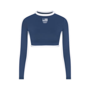 SKIMS FOR TEAM USA SIGNATURE SWIM OLYMPIC LONG SLEEVE CROPPED T-SHIRT | NAVY